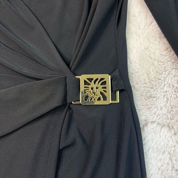 ANNE KLEIN BLACK JERSEY Faux Wrap Drape Sheath Dress Size 10 Deep Vneck Stretchy - Picture 5 of 13
